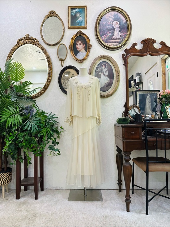 R&M Richards Dresses & Skirts - R&M Richards Ivory Two-Piece Chiffon Wedding Dress with Beaded Jacket